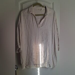 Umgee Women’s Top L Oatmeal Linen Blend Tunic Collared V Neck Long Sleeve boho